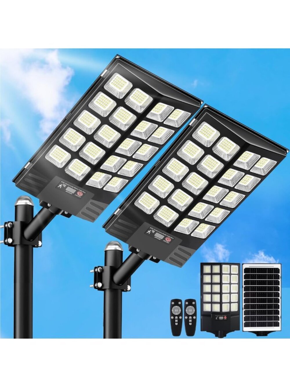 2 Pack Waterproof Solar Street Lights - 100000LM LED Dusk to Dawn Motion Sensor